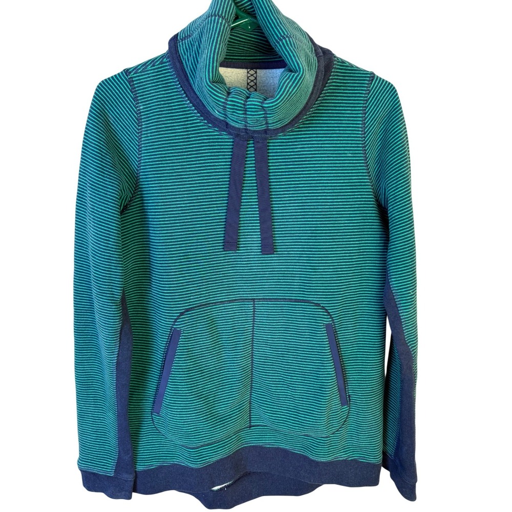 Lululemon Striped Funnel Neck Pullover Hoodie Green Navy Blue Thumbholes